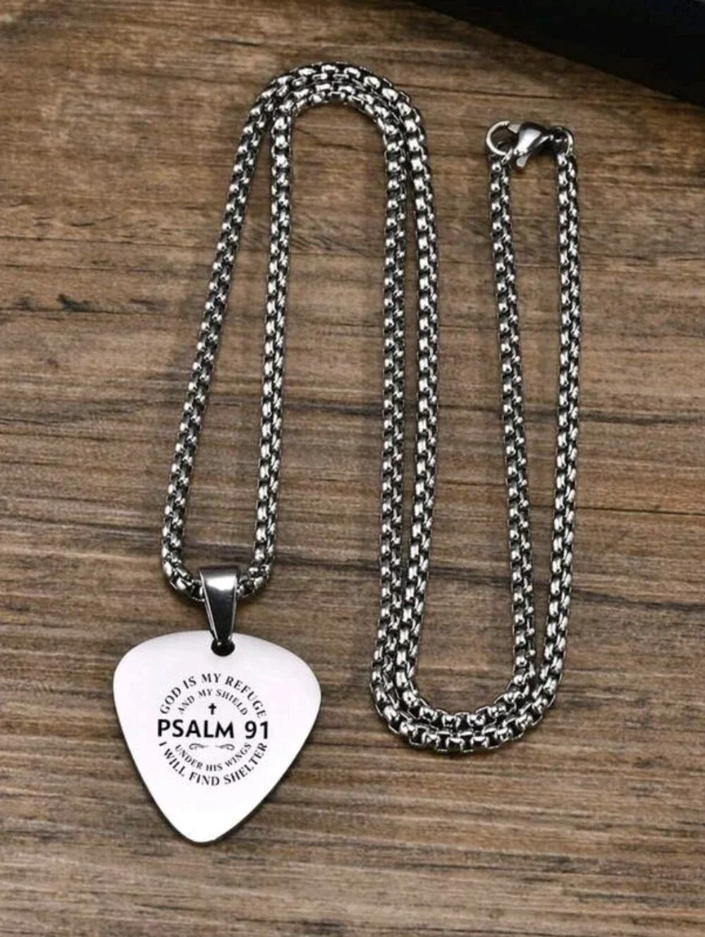 Psalm 91 Stainless Steel Silver Guitar Pick Pendant Necklace
